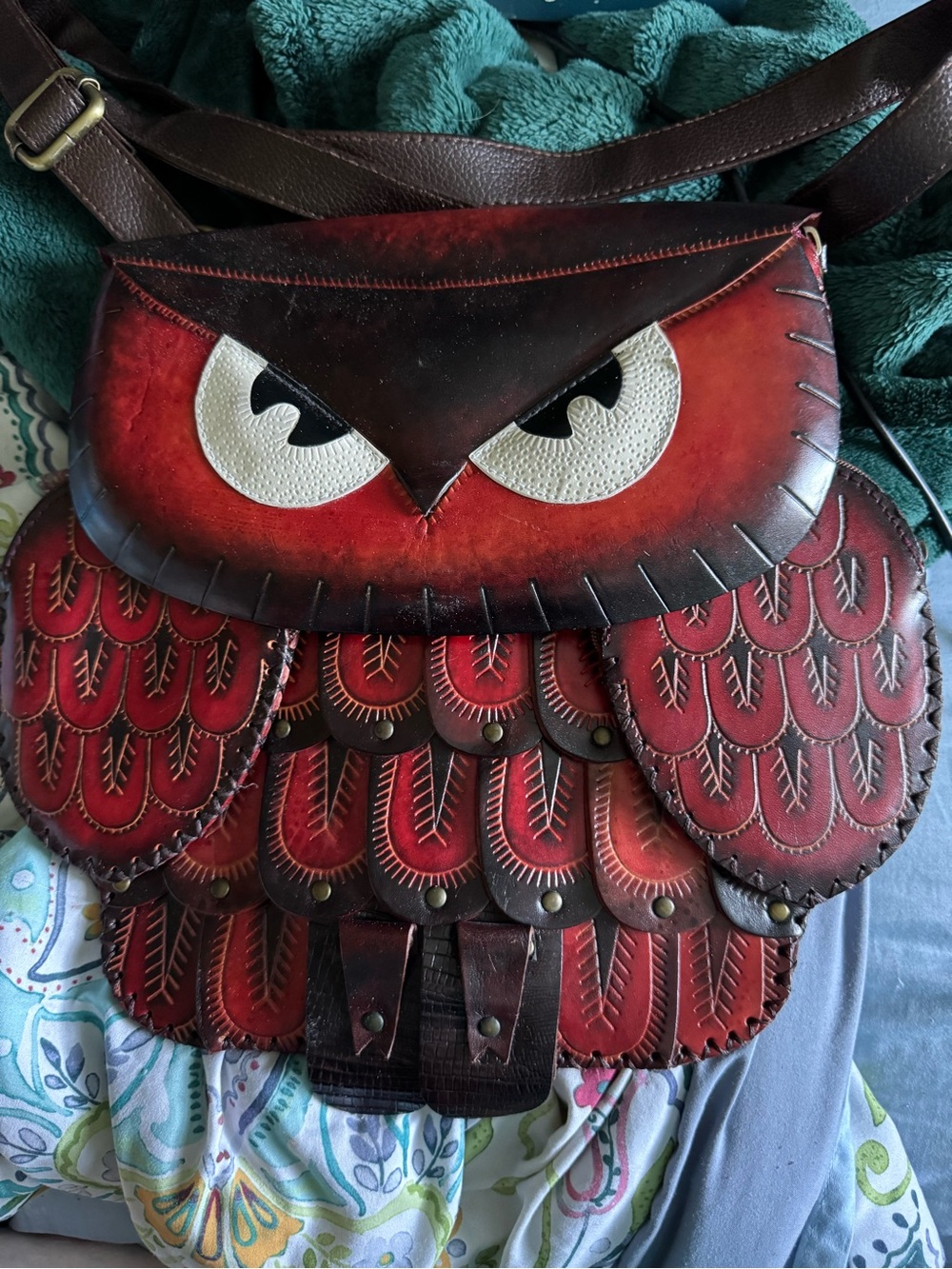 Artisan Red Owl Leather Crossbody Bag